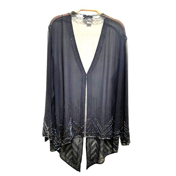 Vintage 2X Sheer Beaded Sequin Jacket Art Deco Evening Cocktail Wrap Dark Blue - Picture 8 of 12